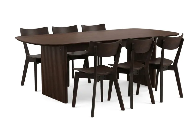 Alma-ruokailuryhmä 220 cm suorakulmainen, savutammi, 6 Amelia-ruokatuolia, Savustettu tammi