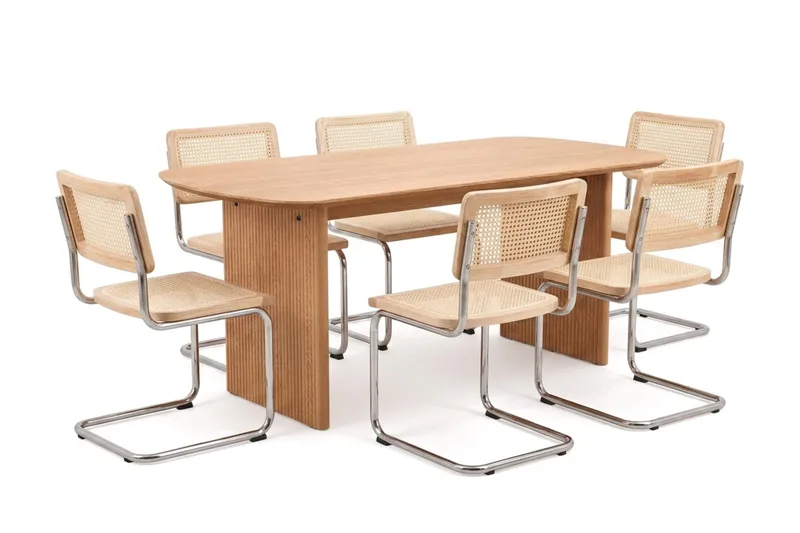 Alma-ruokailuryhmä suorakaiteen muotoinen 180 cm, tammi, 6 Build-ruokatuolia, Tammi