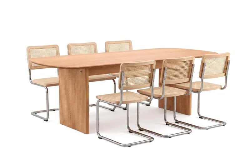 Alma-ruokailuryhmä suorakaiteen muotoinen 220 cm, tammi, 6 Build-ruokatuolia, Tammi