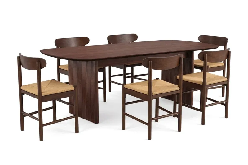 Alma-ruokailuryhmä suorakulmainen 220 cm pähkinä, 6 Malte-ruokatuolia, undefined