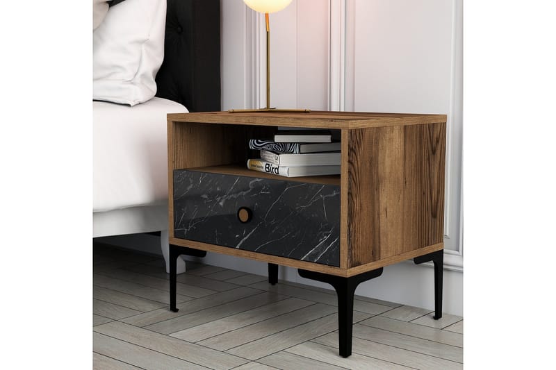 Ameias yöpöytä 56x40 cm ruskea/musta - Hanah Home - Huonekalut - Pöytä & ruokailuryhmä - Apupöytä & sivupöytä - Yöpöytä