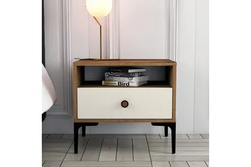 Ameias yöpöytä 56 cm puu- ja saksanpähkinäjäljitelmällä, säilytys laatikolla - Ruskea|Beige - Huonekalut - Pöytä & ruokailuryhmä - Apupöytä & sivupöytä - Yöpöytä