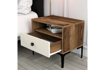 Ameias yöpöytä 56 cm puu- ja saksanpähkinäjäljitelmällä, säilytys laatikolla - Ruskea|Beige - Huonekalut - Pöytä & ruokailuryhmä - Apupöytä & sivupöytä - Yöpöytä