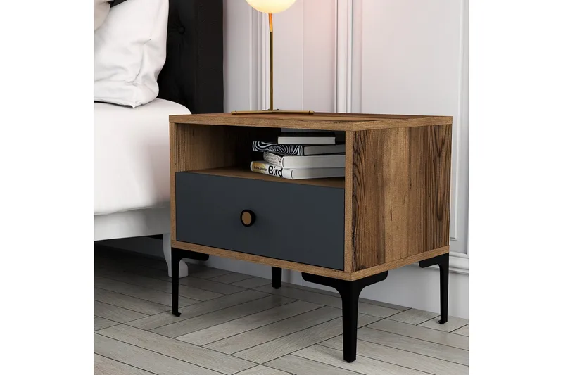 Ameias yöpöytä 56x40 cm ruskea/antrasiitti - Hanah Home - Huonekalut - Pöytä & ruokailuryhmä - Apupöytä & sivupöytä - Yöpöytä