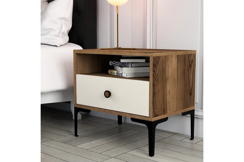 Ameias yöpöytä 56x40 cm ruskea/beige - Hanah Home - Huonekalut - Pöytä & ruokailuryhmä - Apupöytä & sivupöytä - Yöpöytä