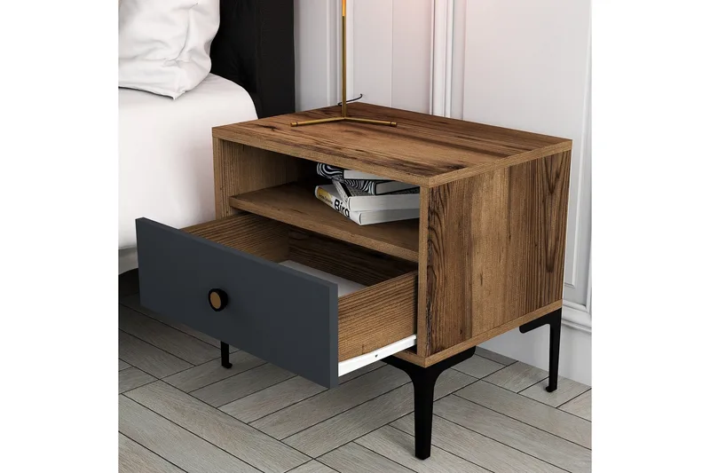 Ameias yöpöytä 56x40 cm ruskea/antrasiitti - Hanah Home - Huonekalut - Pöytä & ruokailuryhmä - Apupöytä & sivupöytä - Yöpöytä
