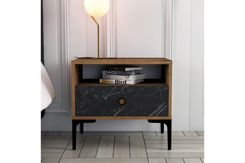 Ameias yöpöytä 56x40 cm ruskea/musta - Hanah Home - Huonekalut - Pöytä & ruokailuryhmä - Apupöytä & sivupöytä - Yöpöytä