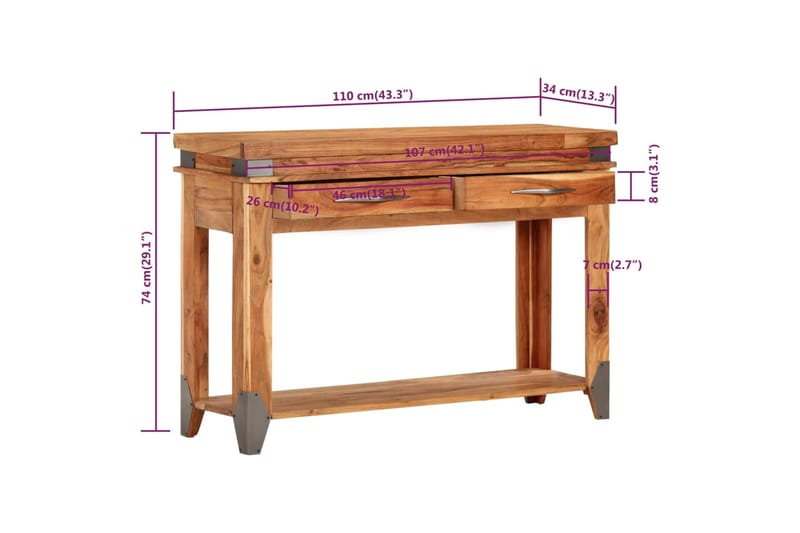 beBasic Konsolipöytä 110x34x74 cm täysi akaasiapuu - Ruskea - Yöpöytä