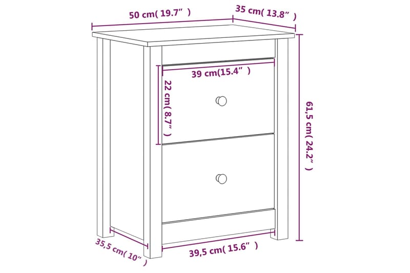 beBasic Yöpöydät 2 kpl musta 50x35x61,5 cm täysi mänty - Musta - Yöpöytä