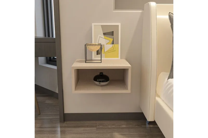 Dora Seinälle Kiinnitettävä Yöpöytä 45 cm Puu- ja Tammijäljitelmällä, Säilytystila Hyllyllä, Beige