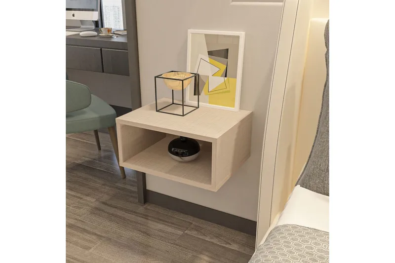 Dora Seinälle Kiinnitettävä Yöpöytä 45 cm Puu- ja Tammijäljitelmällä, Säilytystila Hyllyllä - Beige - Huonekalut - Pöytä & ruokailuryhmä - Apupöytä & sivupöytä - Yöpöytä