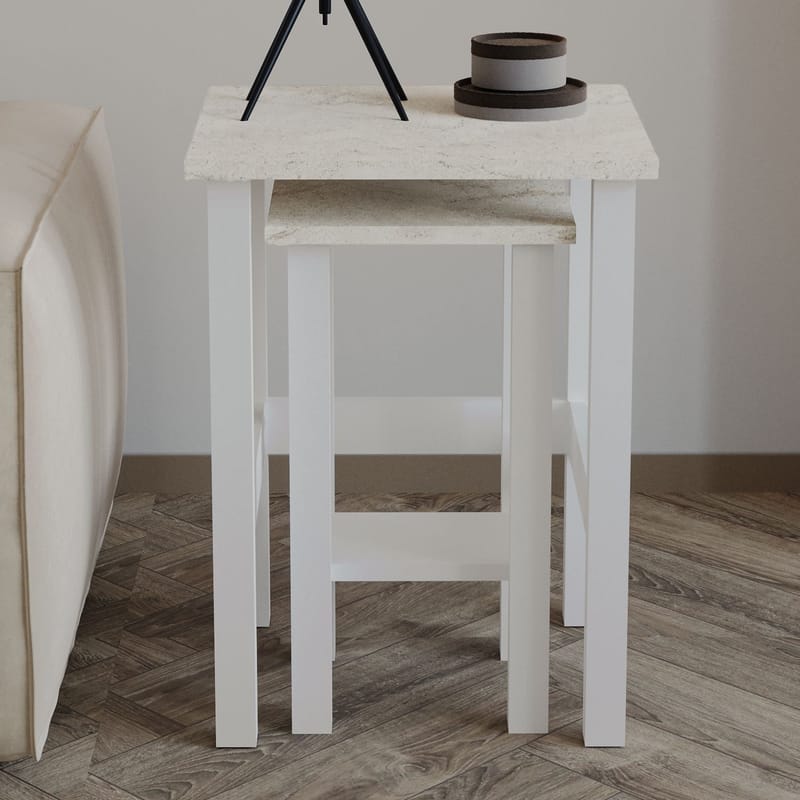 Ginallie sivupöytäsetti 45x60 cm - Valkoinen ja travertiini - Huonekalut - Pöytä & ruokailuryhmä - Apupöytä & sivupöytä - Tarjotinpöytä & pikkupöytä