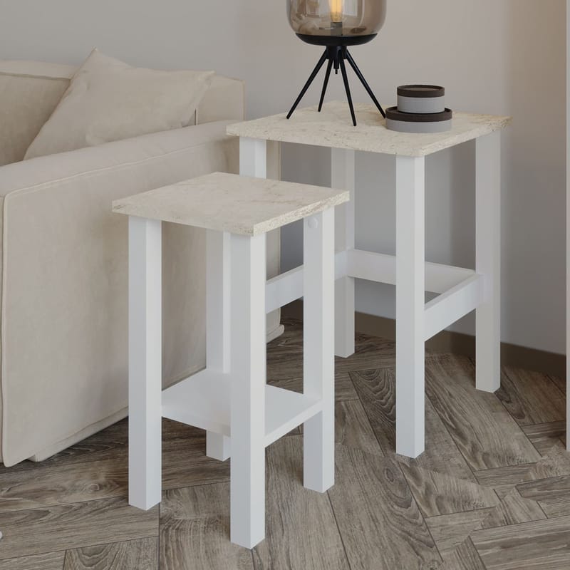 Ginallie sivupöytäsetti 45x60 cm - Valkoinen ja travertiini - Huonekalut - Pöytä & ruokailuryhmä - Apupöytä & sivupöytä - Tarjotinpöytä & pikkupöytä
