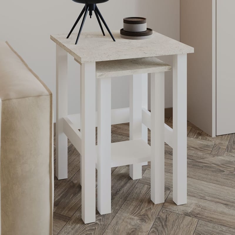 Ginallie sivupöytäsetti 45x60 cm - Valkoinen ja travertiini - Huonekalut - Pöytä & ruokailuryhmä - Apupöytä & sivupöytä - Tarjotinpöytä & pikkupöytä