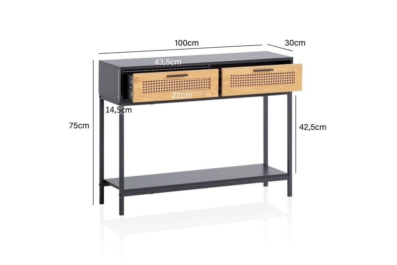 Konsolipöytä Wohnling Vankkaa puuta 100 cm 2 laatikkoa, teollisuustyylinen talo, wieniläinen rottinki - Huonekalut - Pöytä & ruokailuryhmä - Apupöytä & sivupöytä - Konsolipöytä