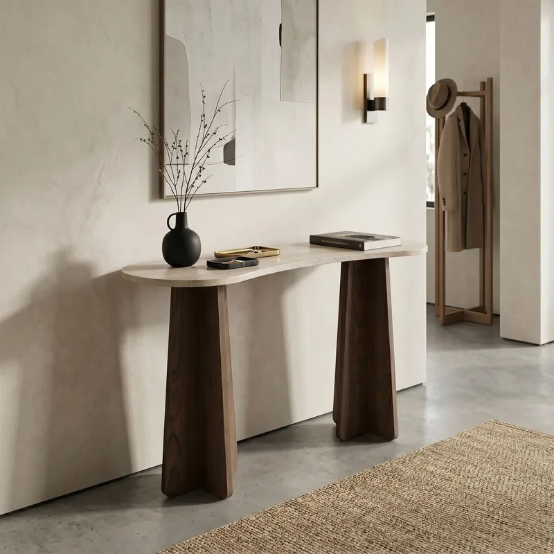 Lipasto Homitis Zen (120 x 75 x 35 cm) Travertiini, pähkinä - Travertiini ja pähkinä - Huonekalut - Pöytä & ruokailuryhmä - Apupöytä & sivupöytä - Tarjotinpöytä & pikkupöytä