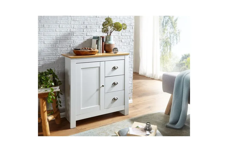 Lipasto Wohnling kolmella laatikolla, kahdella oven, kaksivärinen valkoinen tammi, maalaistalo - Säilytys - Säilytyskalusteet - Lipasto