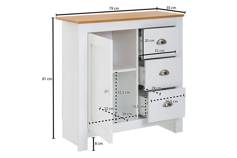 Lipasto Wohnling kolmella laatikolla, kahdella oven, kaksivärinen valkoinen tammi, maalaistalo - Säilytys - Säilytyskalusteet - Lipasto