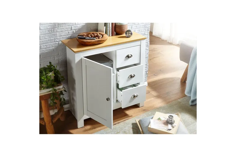 Lipasto Wohnling kolmella laatikolla, kahdella oven, kaksivärinen valkoinen tammi, maalaistalo - Säilytys - Säilytyskalusteet - Lipasto