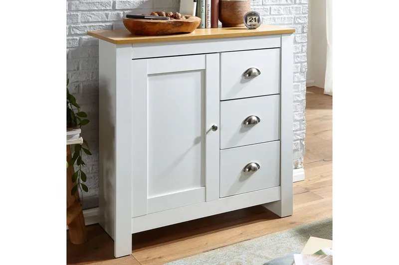 Lipasto Wohnling kolmella laatikolla, kahdella oven, kaksivärinen valkoinen tammi, maalaistalo - Säilytys - Säilytyskalusteet - Lipasto