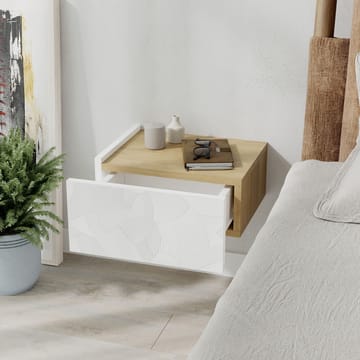 Nilena Seinäkiinnitteinen Yöpöytä 38 cm Puu- ja Tammijäljitelmällä, Säilytys Laatikolla - Valkoinen/Beige - Huonekalut - Pöytä & ruokailuryhmä - Apupöytä & sivupöytä - Yöpöytä