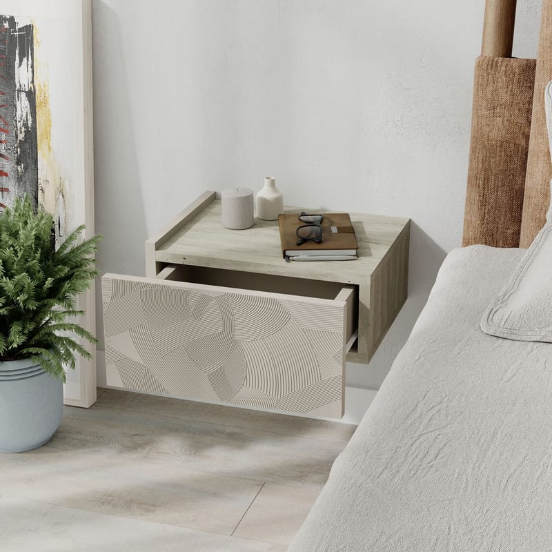 Nilena seinälle kiinnitettävä yöpöytä 38 cm travertiinin näköinen, säilytystilaa laatikon kanssa - Beige - Huonekalut - Pöytä & ruokailuryhmä - Apupöytä & sivupöytä - Yöpöytä