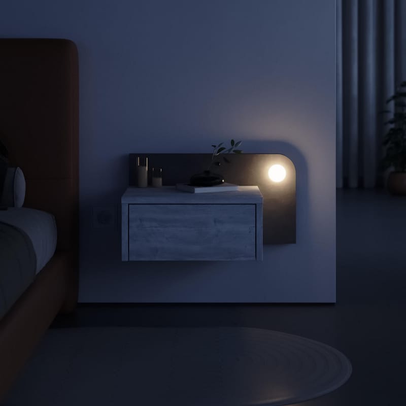 Nosina Seinälle Kiinnitettävä Yöpöytä 52 cm Tammi- ja Betonijäljitelmällä, Laatikollinen Säilytys ja LED-valaistus - Harmaa/Valkoinen - Huonekalut - Pöytä & ruokailuryhmä - Apupöytä & sivupöytä - Yöpöytä