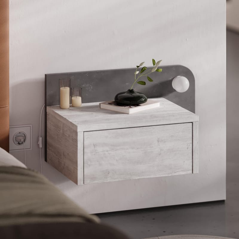 Nosina Seinälle Kiinnitettävä Yöpöytä 52 cm Tammi- ja Betonijäljitelmällä, Laatikollinen Säilytys ja LED-valaistus - Harmaa/Valkoinen - Huonekalut - Pöytä & ruokailuryhmä - Apupöytä & sivupöytä - Yöpöytä