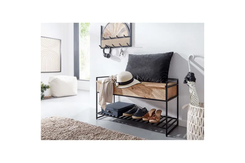 Penkki Wohnling teollinen ilme, suurella säilytystilalla massiivipuuta ja avoin kenkäteline Beige - Beige - Huonekalut - Pöytä & ruokailuryhmä - Apupöytä & sivupöytä - Tarjotinpöytä & pikkupöytä