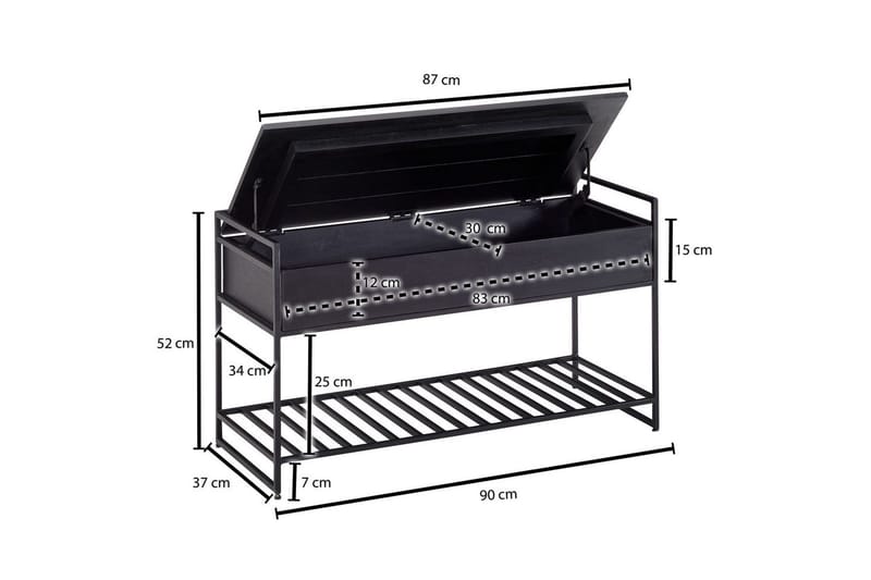 Penkki Wohnling teollinen ilme, suurella säilytystilalla massiivipuuta ja avoin kenkäteline Musta - Musta - Huonekalut - Pöytä & ruokailuryhmä - Apupöytä & sivupöytä - Tarjotinpöytä & pikkupöytä