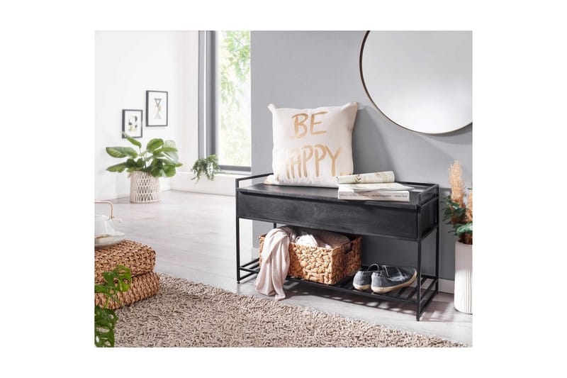 Penkki Wohnling teollinen ilme, suurella säilytystilalla massiivipuuta ja avoin kenkäteline Musta - Musta - Huonekalut - Pöytä & ruokailuryhmä - Apupöytä & sivupöytä - Tarjotinpöytä & pikkupöytä