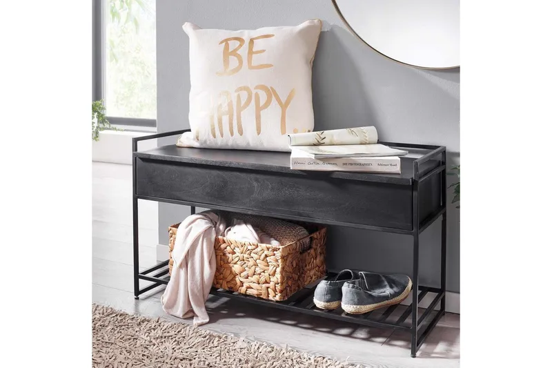Penkki Wohnling teollinen ilme, suurella säilytystilalla massiivipuuta ja avoin kenkäteline Musta - Musta - Huonekalut - Pöytä & ruokailuryhmä - Apupöytä & sivupöytä - Tarjotinpöytä & pikkupöytä