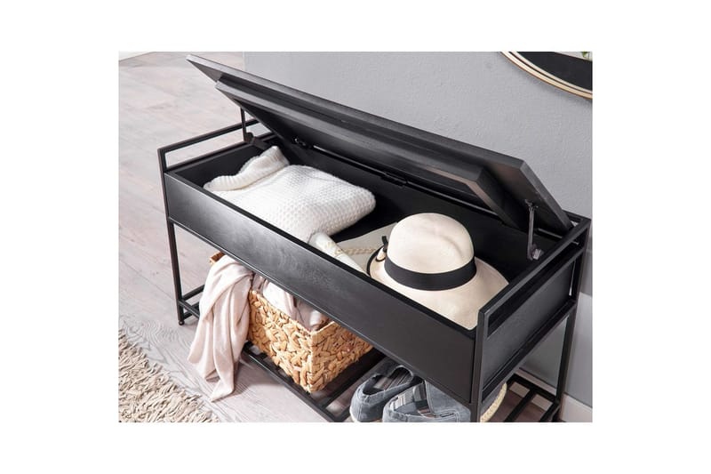 Penkki Wohnling teollinen ilme, suurella säilytystilalla massiivipuuta ja avoin kenkäteline Musta - Musta - Huonekalut - Pöytä & ruokailuryhmä - Apupöytä & sivupöytä - Tarjotinpöytä & pikkupöytä