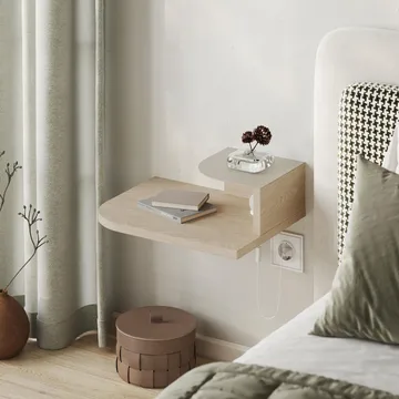 Rilina seinälle kiinnitettävä yöpöytä 40 cm puu- ja tammijäljitelmällä, säilytystila hyllyllä ja led-valaistus - Beige - Huonekalut - Pöytä & ruokailuryhmä - Apupöytä & sivupöytä - Yöpöytä