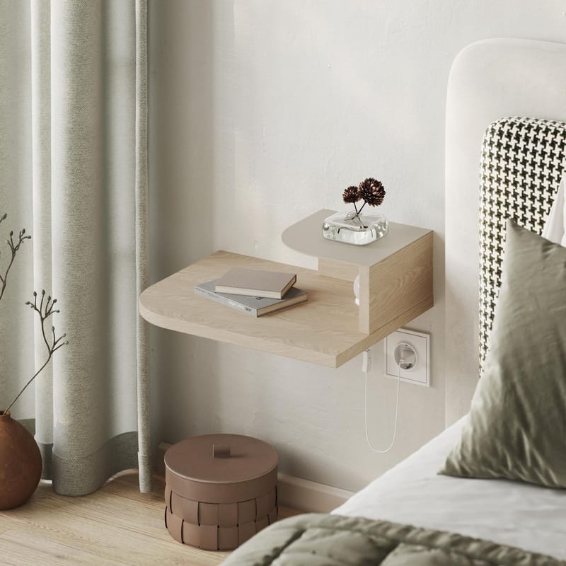 Rilina seinälle kiinnitettävä yöpöytä 40 cm puu- ja tammijäljitelmällä, säilytystila hyllyllä ja led-valaistus - Beige - Huonekalut - Pöytä & ruokailuryhmä - Apupöytä & sivupöytä - Yöpöytä