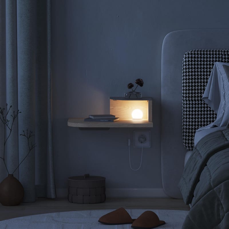 Rilina seinälle kiinnitettävä yöpöytä 40 cm puu- ja tammijäljitelmällä, säilytystila hyllyllä ja led-valaistus - Beige - Huonekalut - Pöytä & ruokailuryhmä - Apupöytä & sivupöytä - Yöpöytä