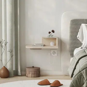 Rilina seinälle kiinnitettävä yöpöytä 40 cm puu- ja tammijäljitelmällä, säilytystila hyllyllä ja led-valaistus - Beige - Huonekalut - Pöytä & ruokailuryhmä - Apupöytä & sivupöytä - Yöpöytä