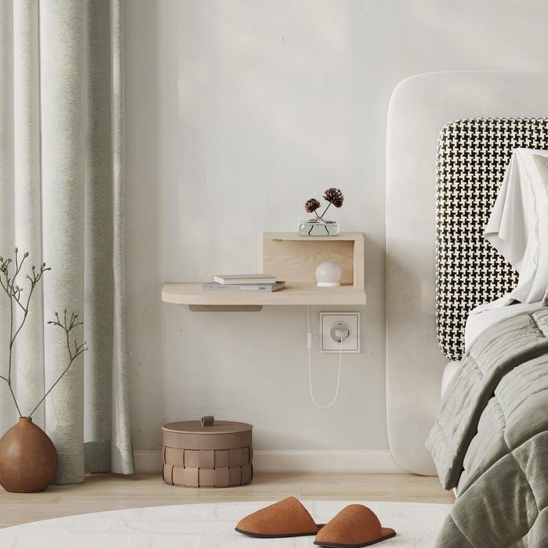 Rilina seinälle kiinnitettävä yöpöytä 40 cm puu- ja tammijäljitelmällä, säilytystila hyllyllä ja led-valaistus - Beige - Huonekalut - Pöytä & ruokailuryhmä - Apupöytä & sivupöytä - Yöpöytä