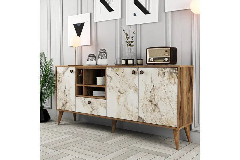 Scone Konsolipöytä 180 cm - Valkoinen Marmori/Pähkinäpuu - Huonekalut - Pöytä & ruokailuryhmä - Apupöytä & sivupöytä - Konsolipöytä