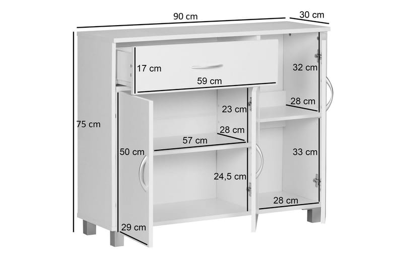 Senkki Wohnling foliopäällystetty lastulevy 90x75 cm, 3 ovea 1 laatikko, moderni tyyli Valkoinen - Valkoinen - Huonekalut - Pöytä & ruokailuryhmä - Apupöytä & sivupöytä - Konsolipöytä