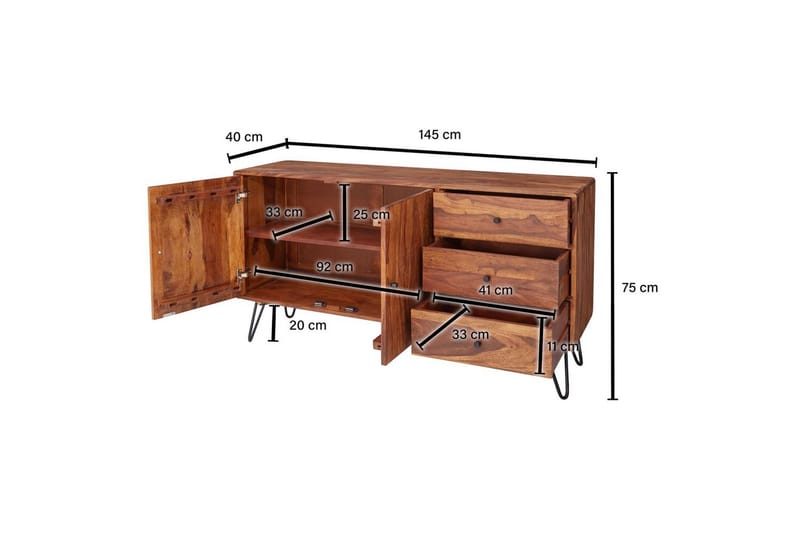 Senkki Wohnling Massiivipuuta 145 cm, 3 laatikkoa 1 ovi Heinäneulajalat Teollinen - Huonekalut - Pöytä & ruokailuryhmä - Apupöytä & sivupöytä - Jalustapöytä & pylväspöytä