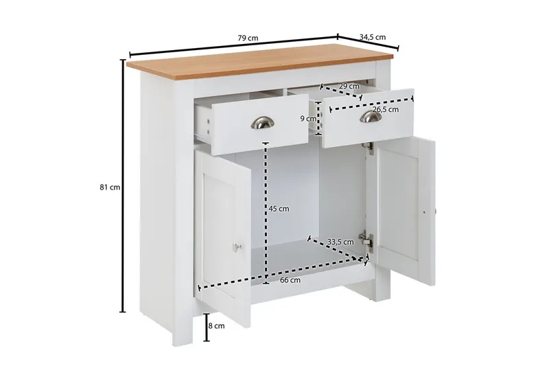 Senkki Wohnling Melamiinipäällysteinen lastulevy kaksivärinen optiikka tammi/valkoinen 2 ovea 2 laatikkoa moderni - Säilytys - Säilytyskalusteet - Senkki