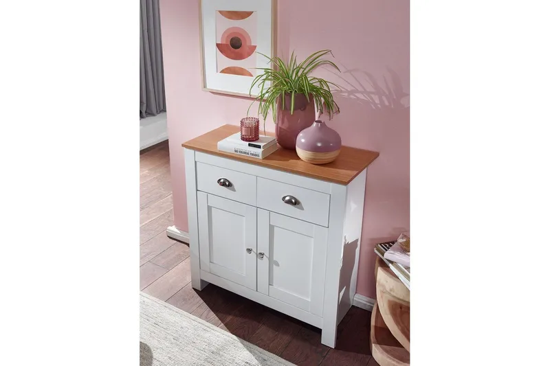 Senkki Wohnling Melamiinipäällysteinen lastulevy kaksivärinen optiikka tammi/valkoinen 2 ovea 2 laatikkoa moderni - Säilytys - Säilytyskalusteet - Senkki