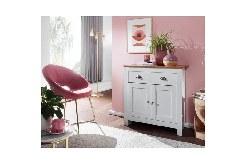 Senkki Wohnling Melamiinipäällysteinen lastulevy kaksivärinen optiikka tammi/valkoinen 2 ovea 2 laatikkoa moderni - Säilytys - Säilytyskalusteet - Senkki