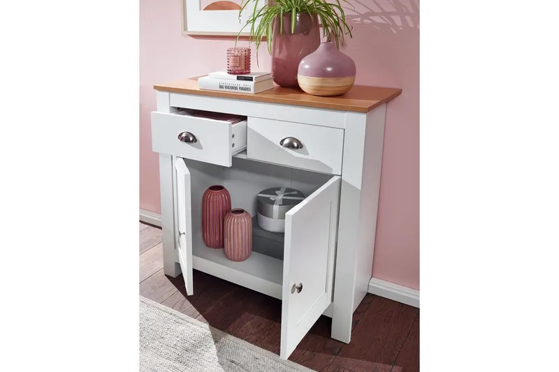 Senkki Wohnling Melamiinipäällysteinen lastulevy kaksivärinen optiikka tammi/valkoinen 2 ovea 2 laatikkoa moderni - Säilytys - Säilytyskalusteet - Senkki