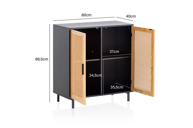 Senkki Wohnling Melamiinipäällysteinen MDF 80 cm 2 ovea wieniläisellä punonnalla moderni - Huonekalut - Pöytä & ruokailuryhmä - Apupöytä & sivupöytä - Konsolipöytä