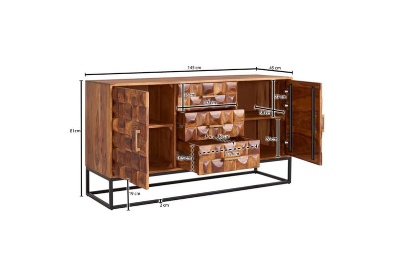 Senkki Wohnling Täyspuiset design-etuosa 145 cm, 2 ovella ja 3 laatikolla, teollinen - Huonekalut - Pöytä & ruokailuryhmä - Apupöytä & sivupöytä - Konsolipöytä