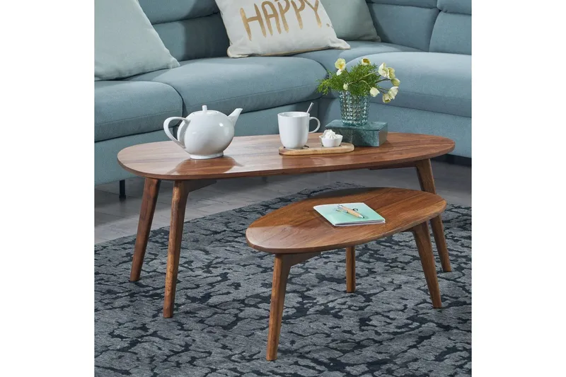 Sisaruspöytä Wohnling 2 kappaleen sarja, munuaisen muotoinen, täyttä puuta, puujalat, maalaistalo-tyyli tummanruskea - tummanruskea - Huonekalut - Pöytä & ruokailuryhmä - Apupöytä & sivupöytä - Sarjapöytä