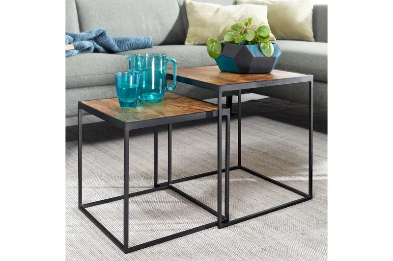 Sisaruspöytä Wohnling 2 kappaleen sarja, täyttä puuta, metallijalat, moderni - Huonekalut - Pöytä & ruokailuryhmä - Apupöytä & sivupöytä - Sarjapöytä