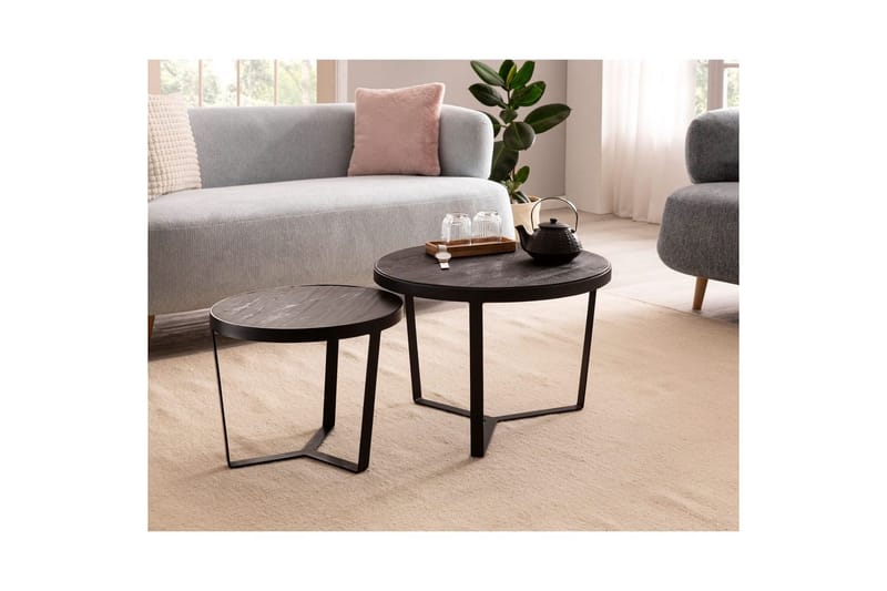 Sisaruspöytä Wohnling 2 kappaleen sarja, pyöreä massiivipuu ja kivinen ulkonäkö, design-metallijalusta, maalaistyyli Musta, musta - Musta, musta - Huonekalut - Pöytä & ruokailuryhmä - Apupöytä & sivupöytä - Sarjapöytä